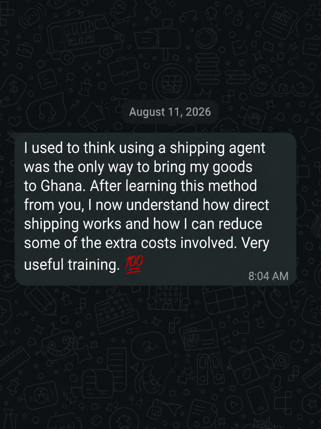 Student feedback saying the training explained direct shipping and possible cost reduction